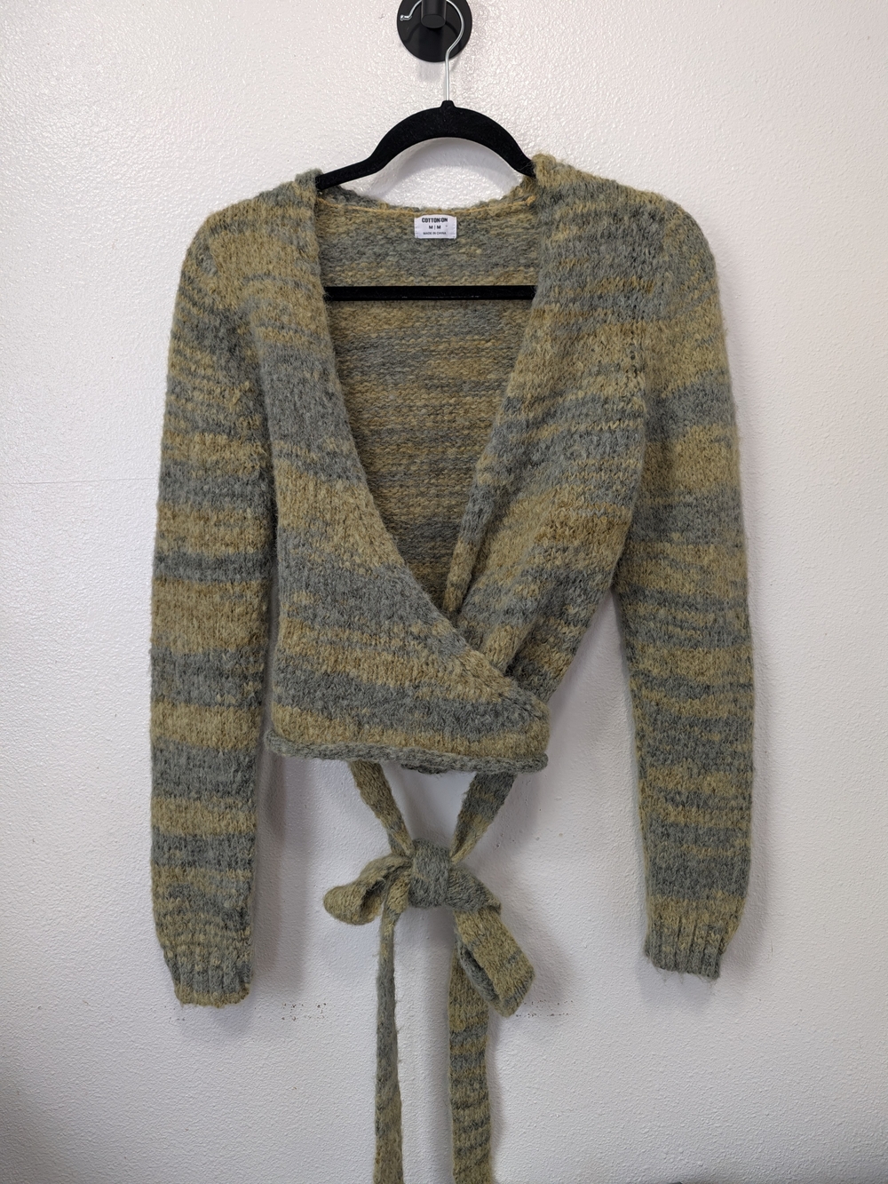 Cotton On Green Space Mohair & Gray Wrap Tie Fuzzy Cardigan